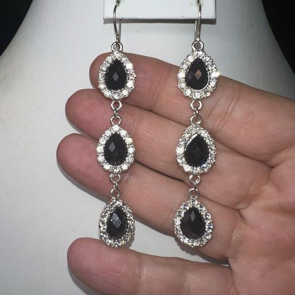 Silver Tone Black Crystal Pear Halo Dangle Earrings - Picture 2 of 7